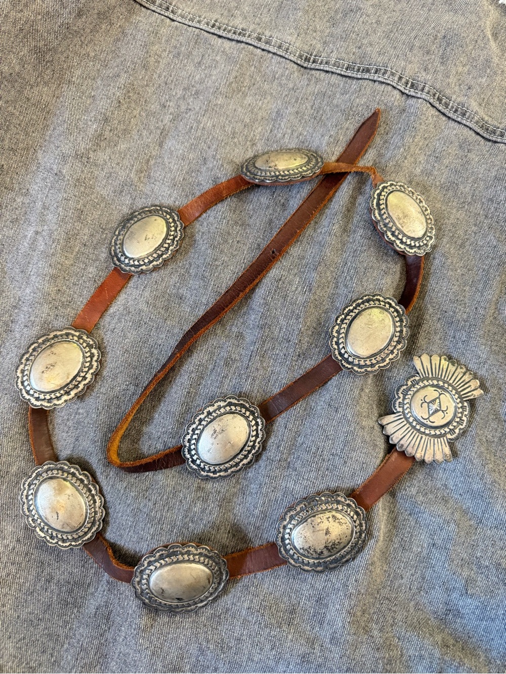 VTG James Reid Santa Fe 925 Sterling Silver Concho  Belt Buckle Leather Native